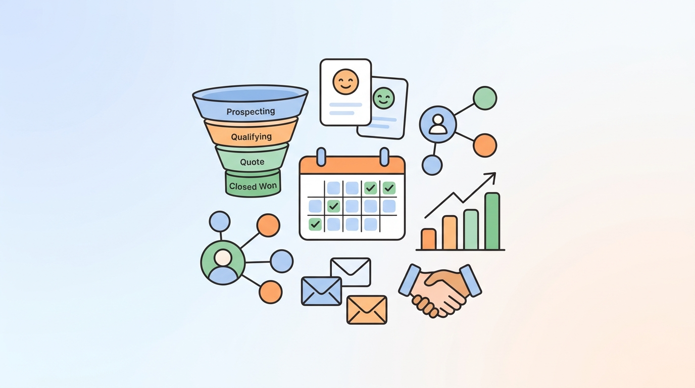 HubSpot Sales Hubの主要機能（コンタクト管理、営業パイプライン、カレンダー連携）をクリーンなフラットデザインで表現したキービジュアル。