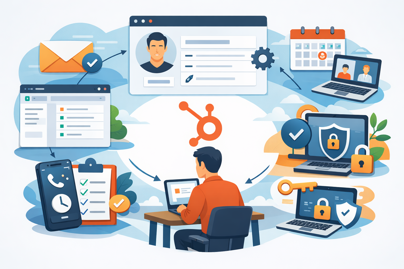 HubSpot導入後の個人アカウント初期設定方法の図解。プロファイル編集からEメール・カレンダーの連携、セキュリティ設定までを網羅した解説記事のキービジュアル。