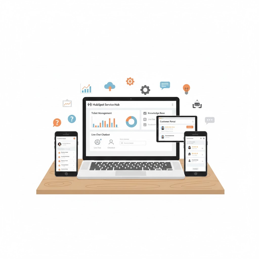 HubSpot Service Hubの機能一覧を示す管理画面イラスト（チケット管理・ナレッジベース・チャットボット）